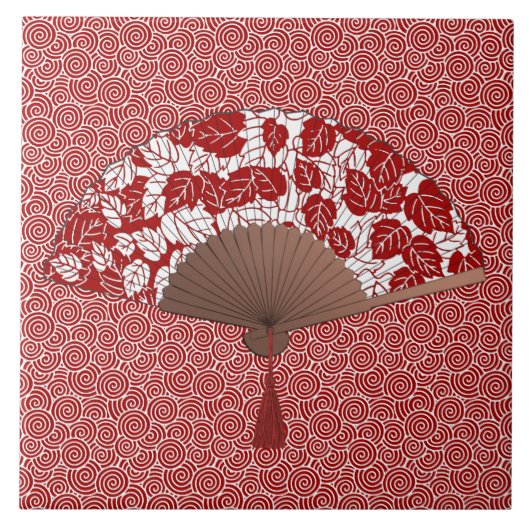 Japans ventilator in Leaf Print, donkerrood en wit Tegeltje (Voorkant)