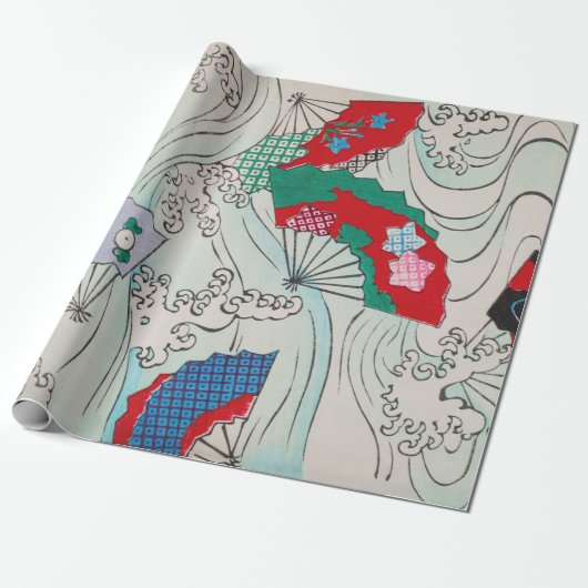 Japans ventilator op Waves Patroon Cadeaupapier (Uitgerold)