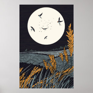 Japans vintage landschap 's nachts poster