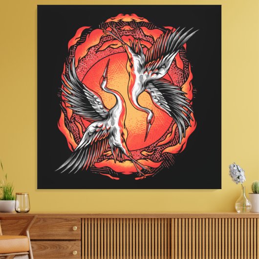 Japans vliegende vechtskranen Aziatische kunst Canvas Afdruk (Insitu (Woonkamer))