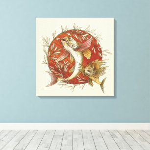  Japans Vliegende Vis en Bamboebladeren Kunst Canvas Afdruk