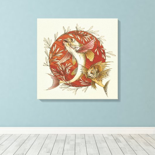 Japans Vliegende Vis en Bamboebladeren Kunst Canvas Afdruk (Insitu (Houten vloer))