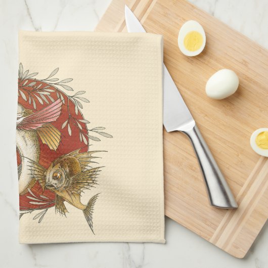 Japans Vliegende Vis en Bamboebladeren Kunst Theedoek (Quarter Fold)