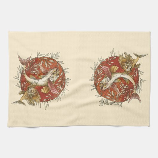  Japans Vliegende Vis en Bamboebladeren Kunst Theedoek (Horizontaal)