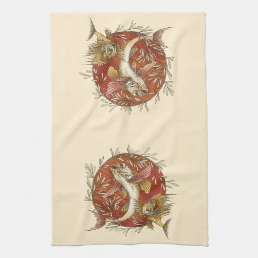  Japans Vliegende Vis en Bamboebladeren Kunst Theedoek (Verticaal)