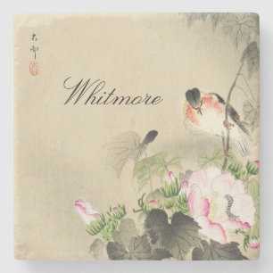 Japans Vogel en Roze Bloesems Print Stenen Onderzetter