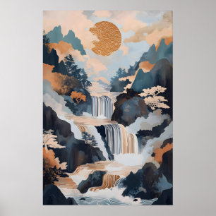 Japans Waterval Landschapsprint Vintage Natuur Poster