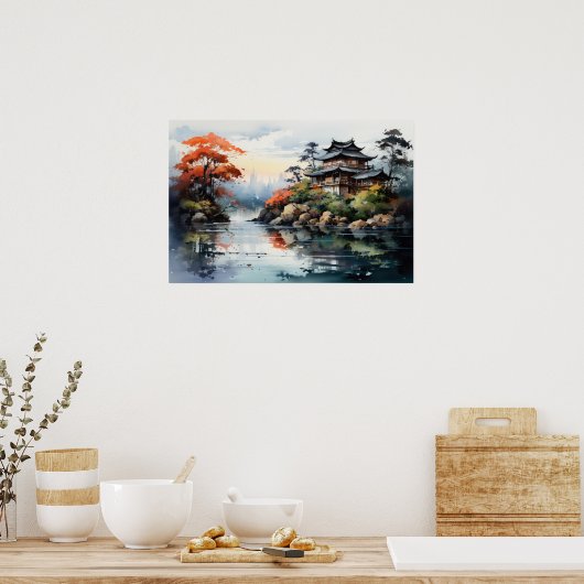 Japans Waterverf herfstmeer Poster (Keuken)