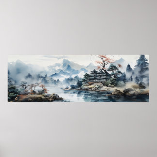 Japans Waterverf Landschap Bergmeer Poster