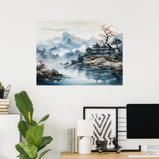 Japans Waterverf Landschap Bergmeer Poster