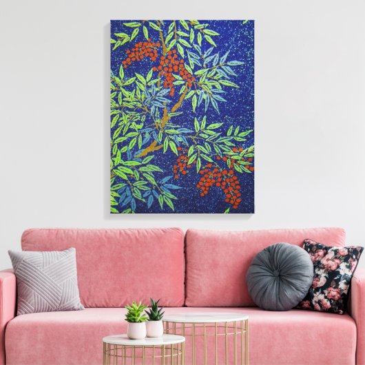 Japans weefsel - bessen en bladeren Canvas Afdruk (Insitu (Woonkamer))