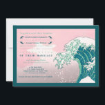 Japans Woodblock print Wedding Invitations Kaart<br><div class="desc">De Great Wave Off Kanagawa is de beroemdste houtblokafdruk van de Japanse kunstenaar Hokusai. Oorspronkelijk gepubliceerd in de jaren dertig, is het een van de bekendste Japanse kunstwerken ter wereld. De druk - gewijzigd en bebouwd in deze trouwuitnodiging - shows een reusachtige golf die over de ver weg (niet afgebeeld)...</div>