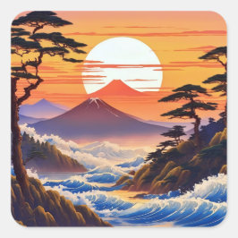 Japans zonsopgang zonsondergang landschap vierkante sticker