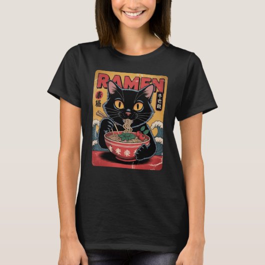  Japans Zwart Cat Ramen T-shirt (Voorkant)