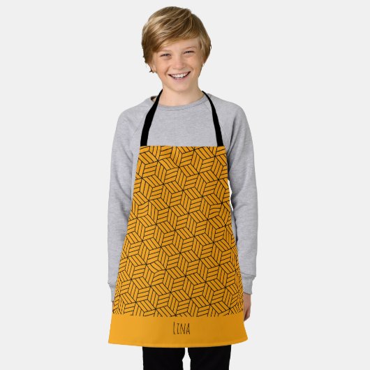 Japans zwart geel minimal patroon schort (Gedragen)