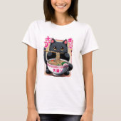 Japans Zwart Kat Eten Ramen T-shirt (Voorkant)