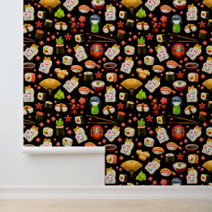 Japans Zwart Kawaii Sushi Decora Design Behang