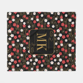 Japans Zwart Sakura Blossom Monogram Initialen Fleece Deken (Voorkant (Horizontaal))