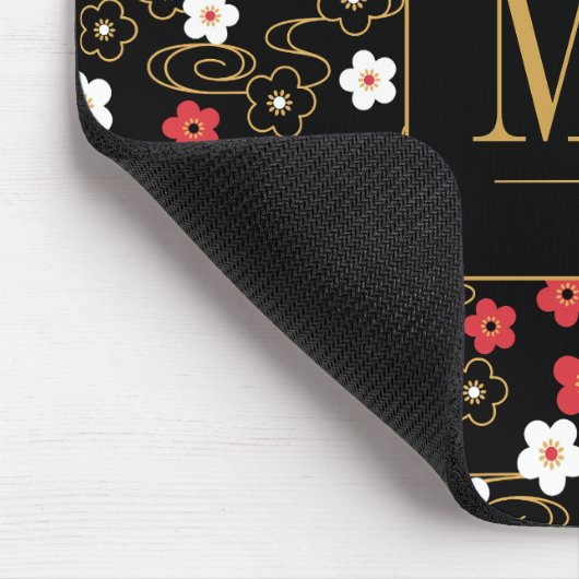 Japans Zwart Sakura Blossom Monogram Initialen Muismat (Hoek)