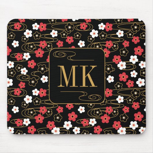 Japans Zwart Sakura Blossom Monogram Initialen Muismat (Voorkant)