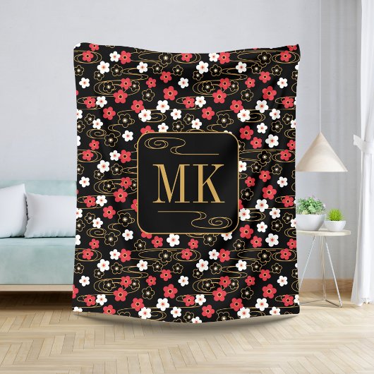 Japans Zwart Sakura Blossom Monogram Initialen Sherpa Deken