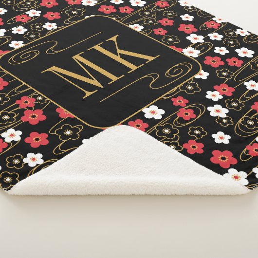 Japans Zwart Sakura Blossom Monogram Initialen Sherpa Deken (3/4)