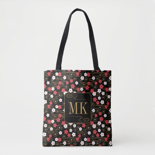 Japans Zwart Sakura Blossom Monogram Initialen Tote Bag (Voorkant)