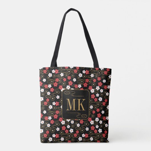 Japans Zwart Sakura Blossom Monogram Initialen Tote Bag (Achterkant)
