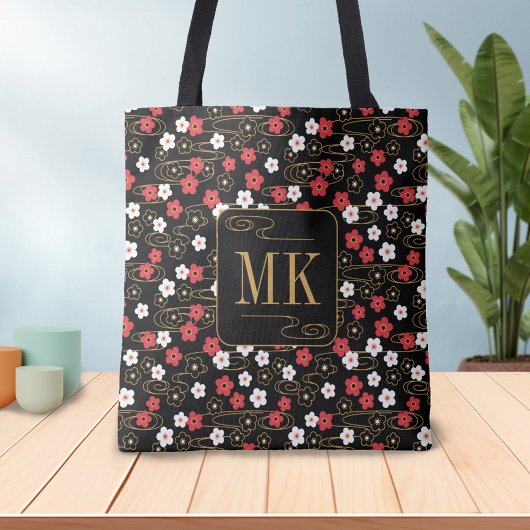 Japans Zwart Sakura Blossom Monogram Initialen Tote Bag