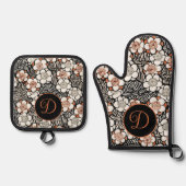 Japans zwart-wit flessenpatroon op maat ovenwant & pannenlap set (Voorkant)