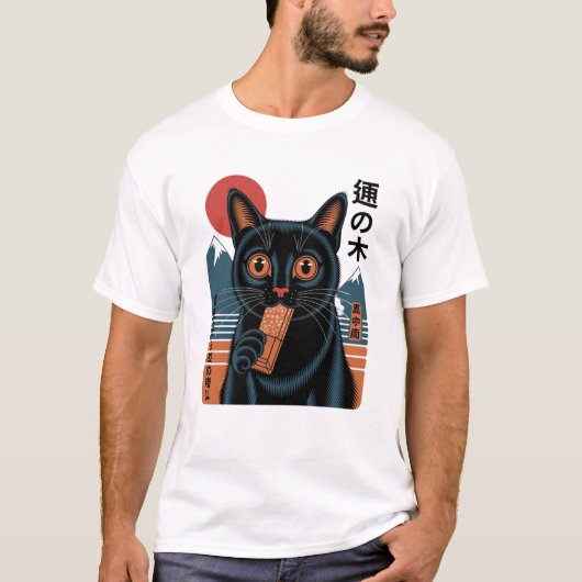 Japans Zwarte Kat met Snoepjes Bar – Retro Manga-S T-shirt (Voorkant)