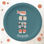 Japanse aangepaste naam Sushi bevestigen Papieren Bordje<br><div class="desc">Heerlijke sushi,  nigiri en maki roll Japans voedselontwerp. Personaliseer door de naam te wijzigen of te verwijderen. Originele kunst van Nic Squirrell.</div>