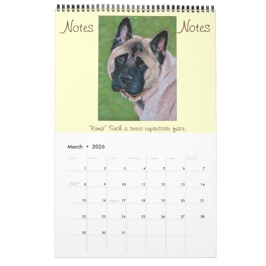 japanse akita dog portretteert realistische kunst kalender (Mar 2026)