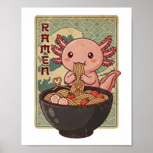Japanse Anime Axolotls Ramen Zwarte Axolotl Eet Poster