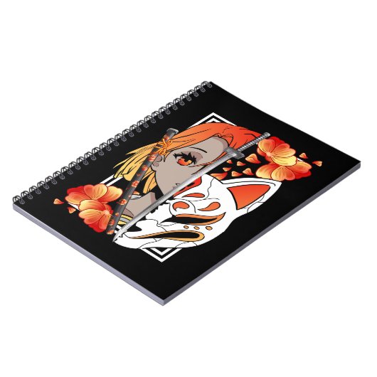 Japanse Anime Girl Mask Samurai Sword Flowers Notitieboek (Linkerzijde)