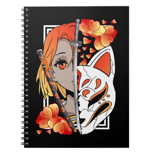 Japanse Anime Girl Mask Samurai Sword Flowers Notitieboek (Voorkant)