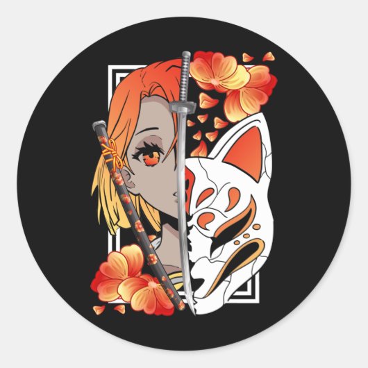 Japanse Anime Girl Mask Samurai Sword Flowers Ronde Sticker (Voorkant)