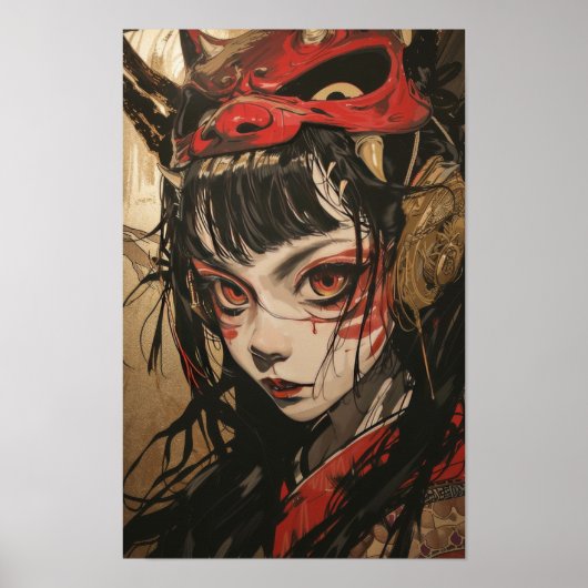 Japanse anime meisje met rood en goud Oni masker P Poster (Voorkant)