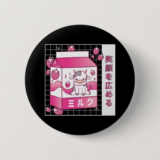 Japanse Anime Strawberry Milk Carton Cute Koe Ronde Button 5,7 Cm (Voorkant)