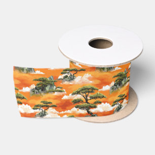 Japanse Aquarel Bonsai-Dennenberg Patroon Satijnen Lint
