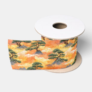 Japanse Aquarel Bonsai-Dennenbomen in Gouden Wolke Satijnen Lint