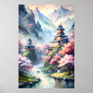 Japanse Aquarel Dorp | Zen Landschapsprint Poster