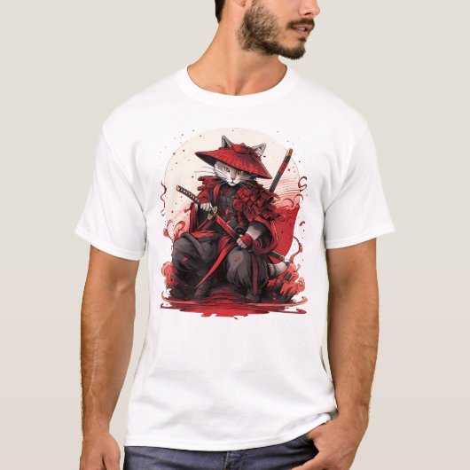 Japanse Art Cat Ninja Ukiyo-e Anime Style Samurai T-shirt (Voorkant)