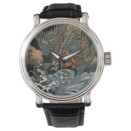 Japanse Art Ukiyo-e Dragon Leather Watch Horloge