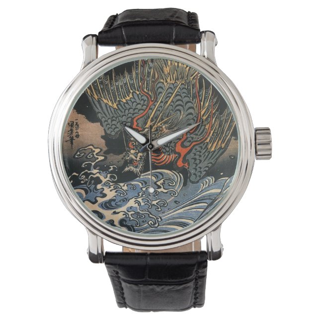 Japanse Art Ukiyo-e Dragon Leather Watch Horloge (Voorkant)