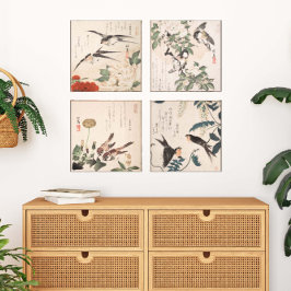 Japanse Audubon Vogelgalerij Muurkunst Set van 4 Canvas Afdruk