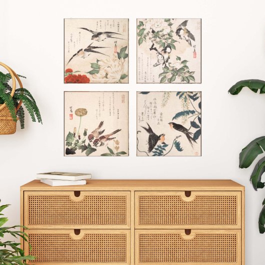Japanse Audubon Vogelgalerij Muurkunst Set van 4 Canvas Afdruk