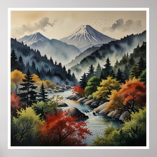 Japanse Bergen Watercolor Wandkunst Poster (Voorkant)