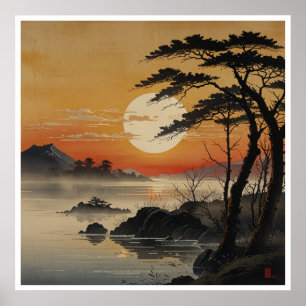 Japanse Bergen Watercolor Wandkunst Poster