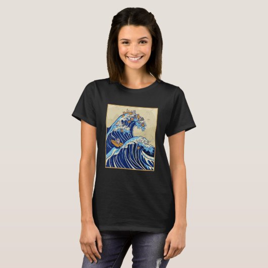 Japanse Big Wave of Cats Surfing Kanagawa Wave Vi T-shirt (Voorkant volledig)